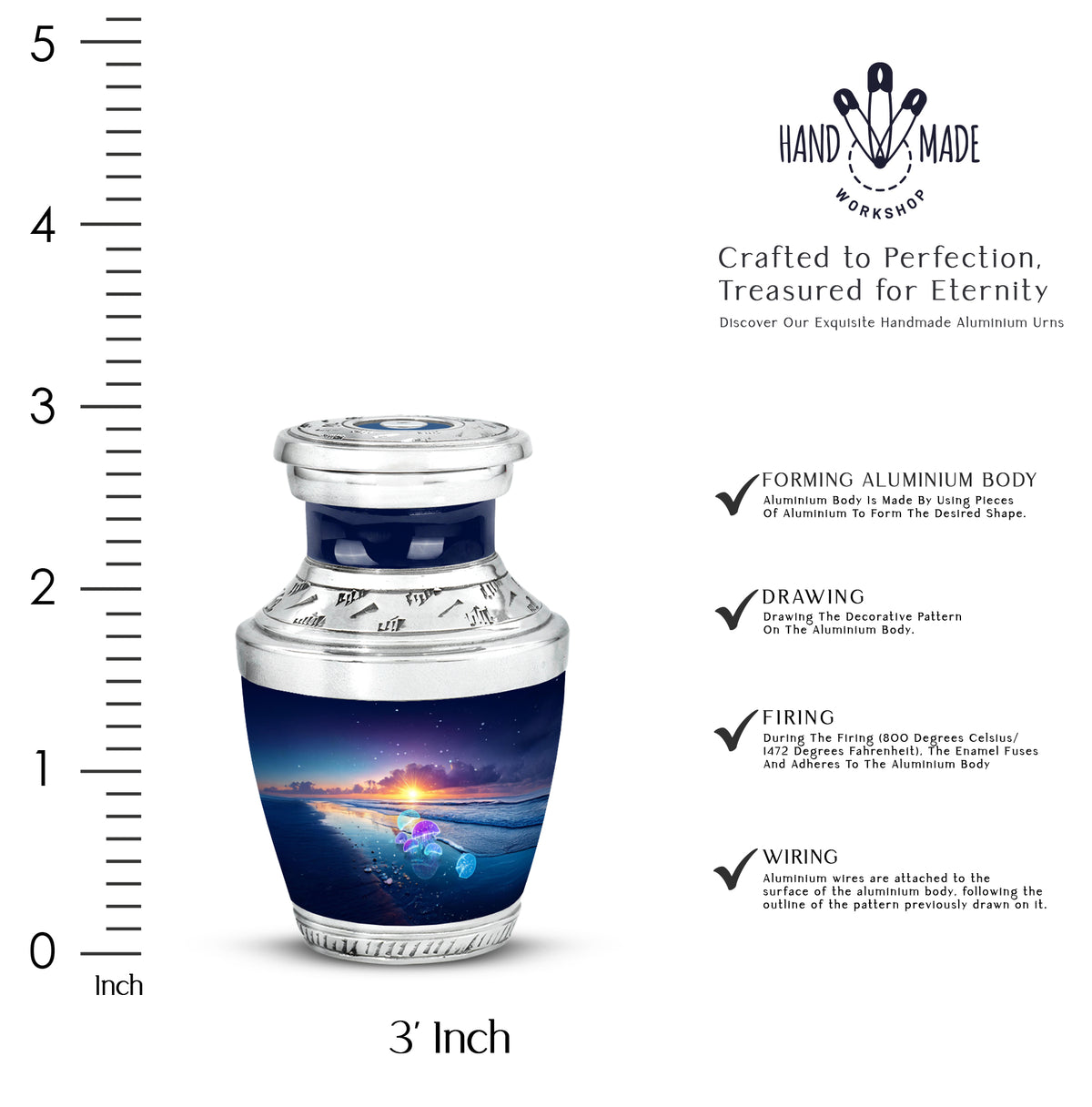 Powder Blue Beach Cremation Urn top-down view of secure threaded lid - modern art-inspired beach motif on sleek aluminum - mini keepsake memorial for portion of cremation ashes