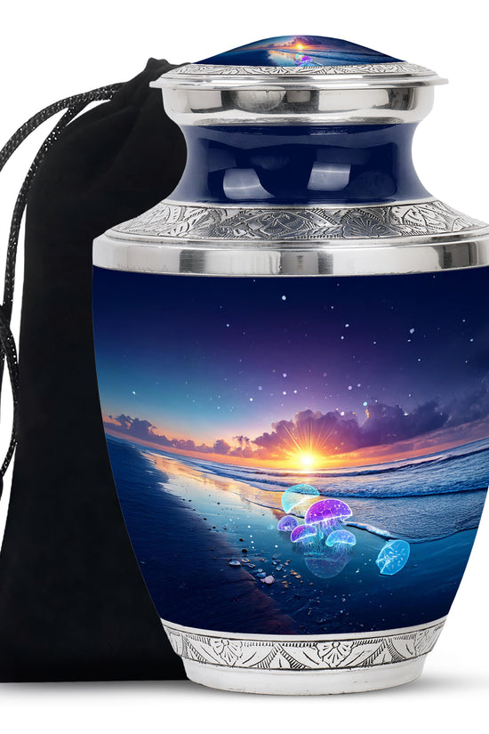 Azure Beach Cremation Urn side profile showing urn shape - modern art-inspired beach motif on sleek aluminum - full-size 10 inch 200 cubic inch adult cremation urn