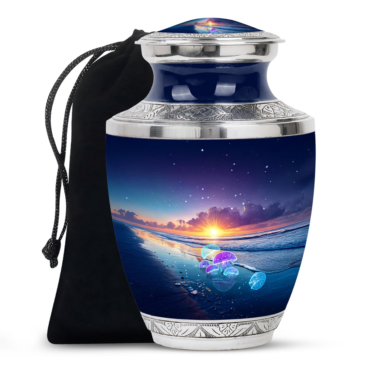 Azure Beach Cremation Urn side profile showing urn shape - modern art-inspired beach motif on sleek aluminum - full-size 10 inch 200 cubic inch adult cremation urn