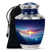 Azure Beach Cremation Urn side profile showing urn shape - modern art-inspired beach motif on sleek aluminum - full-size 10 inch 200 cubic inch adult cremation urn