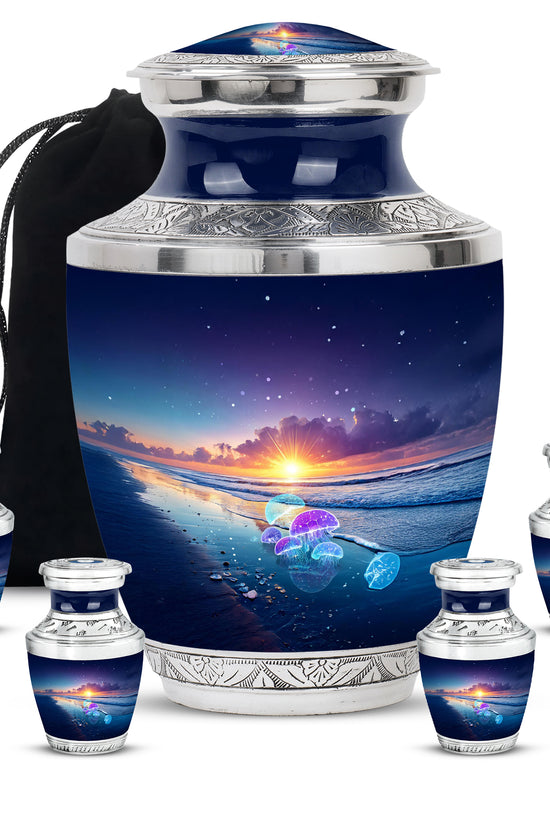 Vivid Blue Beach Cremation Urn lifestyle display on memorial shelf - stylized abstract beach pattern with bold lines - memorial set with one large and four small urns