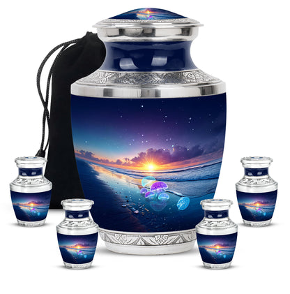 Vivid Blue Beach Cremation Urn lifestyle display on memorial shelf - stylized abstract beach pattern with bold lines - memorial set with one large and four small urns