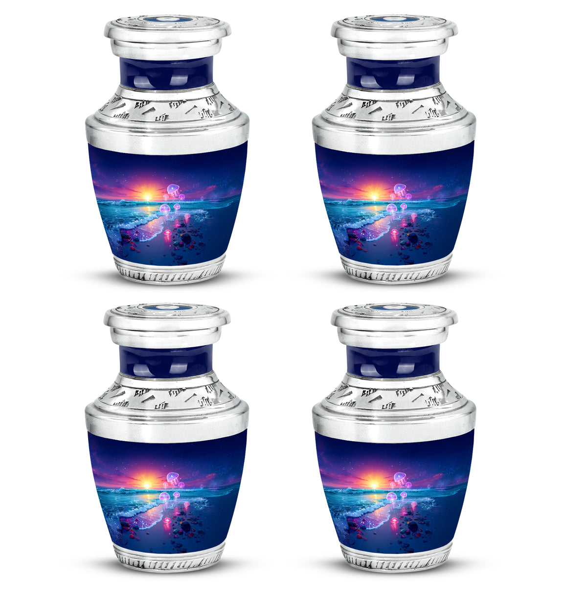 Slate Blue Beach Cremation Urn back view with polished surface - contemporary beach design with modern artistic flair - 10 inch aluminum urn for cremated remains