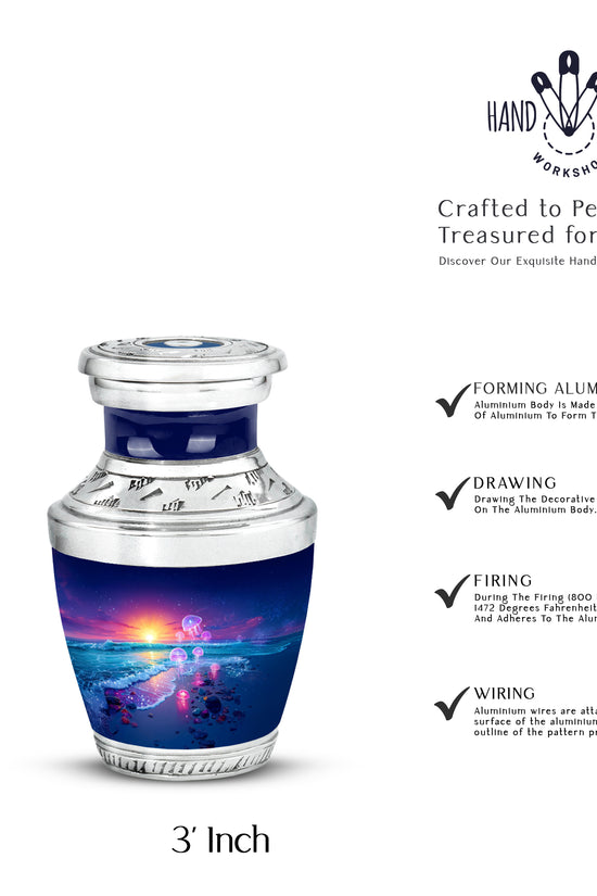 Sapphire Blue Beach Cremation Urn top-down view of secure threaded lid - artistic beach interpretation with creative detail - mini keepsake memorial for portion of cremation ashes