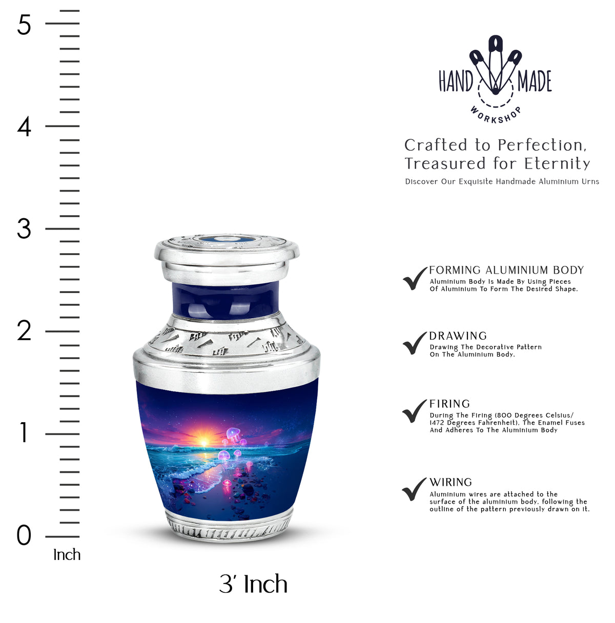 Sapphire Blue Beach Cremation Urn top-down view of secure threaded lid - artistic beach interpretation with creative detail - mini keepsake memorial for portion of cremation ashes