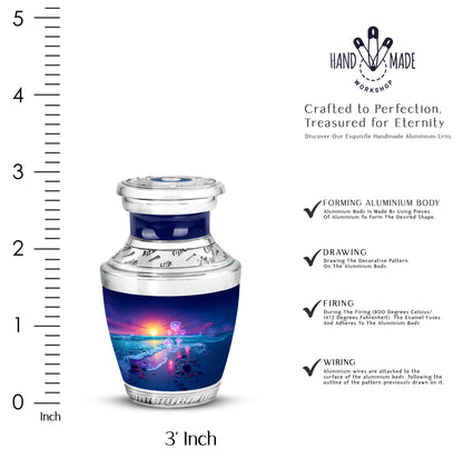 Sapphire Blue Beach Cremation Urn top-down view of secure threaded lid - artistic beach interpretation with creative detail - mini keepsake memorial for portion of cremation ashes