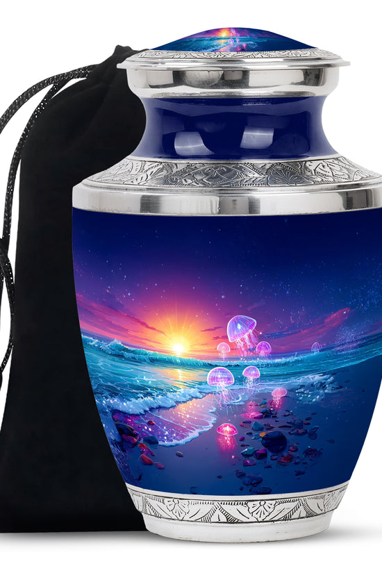 Twilight Blue Beach Cremation Urn side profile showing urn shape - stylized abstract beach pattern with bold lines - full-size 10 inch 200 cubic inch adult cremation urn