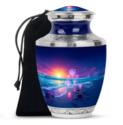 Twilight Blue Beach Cremation Urn side profile showing urn shape - stylized abstract beach pattern with bold lines - full-size 10 inch 200 cubic inch adult cremation urn