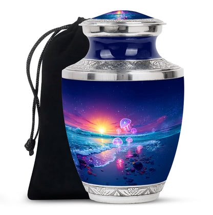 Twilight Blue Beach Cremation Urn side profile showing urn shape - stylized abstract beach pattern with bold lines - full-size 10 inch 200 cubic inch adult cremation urn