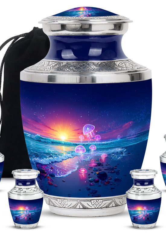 Cornflower Blue Beach Cremation Urn lifestyle display on memorial shelf - stylized abstract beach pattern with bold lines - memorial set with one large and four small urns