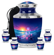 Cornflower Blue Beach Cremation Urn lifestyle display on memorial shelf - stylized abstract beach pattern with bold lines - memorial set with one large and four small urns