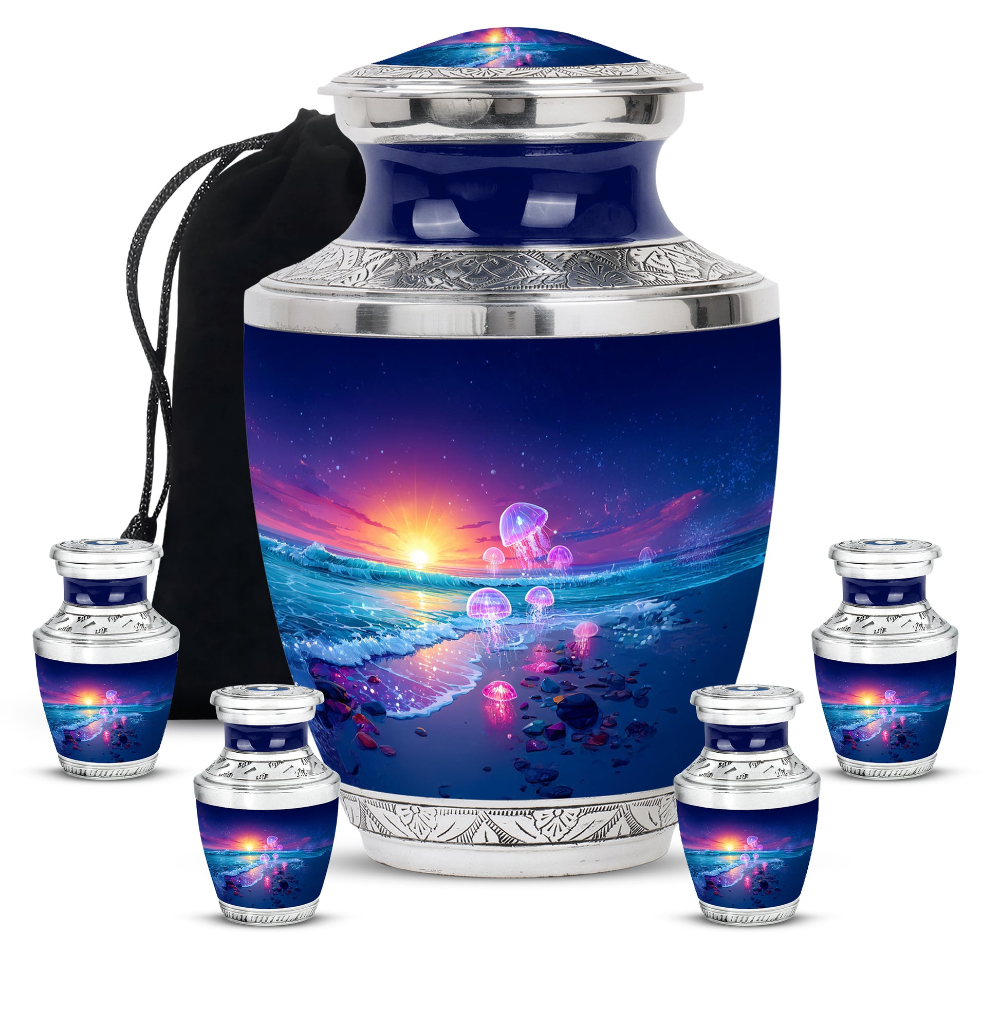 Cornflower Blue Beach Cremation Urn lifestyle display on memorial shelf - stylized abstract beach pattern with bold lines - memorial set with one large and four small urns
