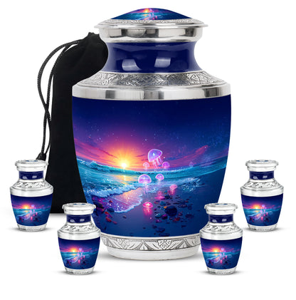 Cornflower Blue Beach Cremation Urn lifestyle display on memorial shelf - stylized abstract beach pattern with bold lines - memorial set with one large and four small urns