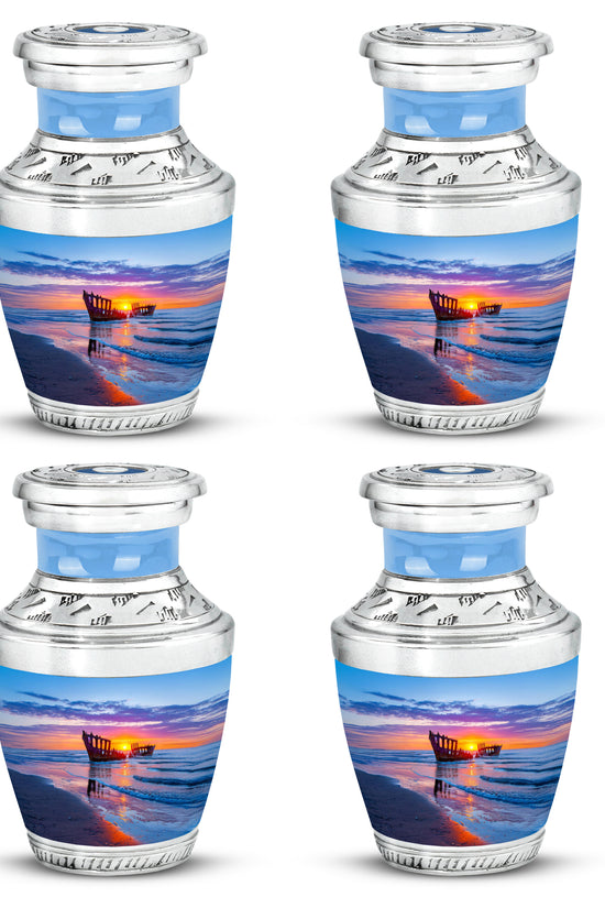 Sky Blue Beach Cremation Urn back view with polished surface - modern art-inspired beach motif on sleek aluminum - 10 inch aluminum urn for cremated remains