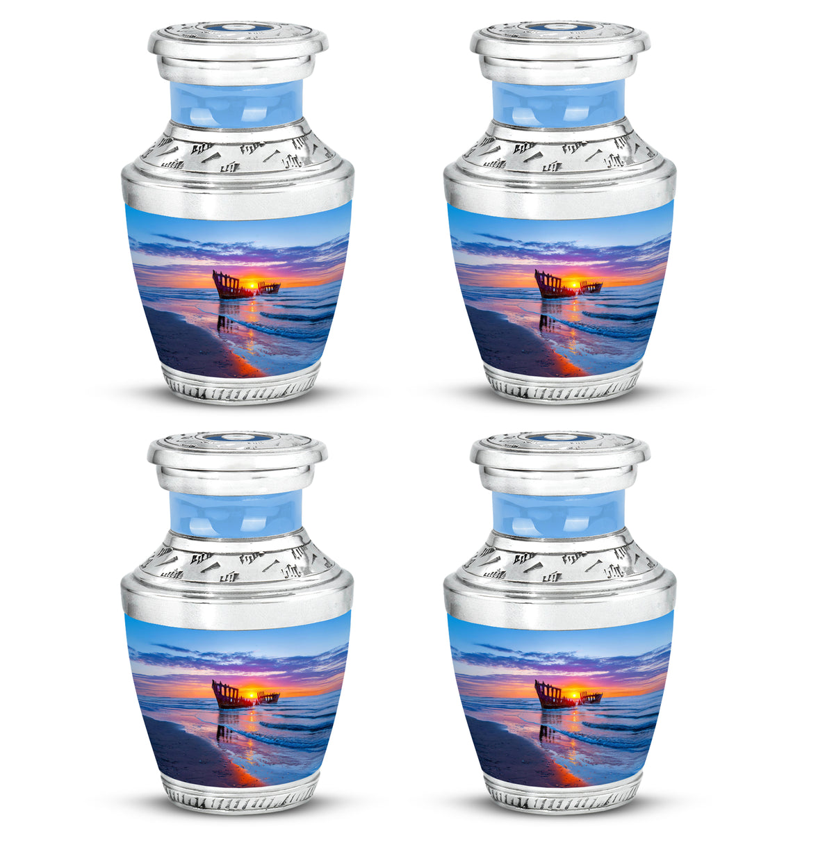 Sky Blue Beach Cremation Urn back view with polished surface - modern art-inspired beach motif on sleek aluminum - 10 inch aluminum urn for cremated remains
