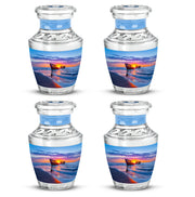 Sky Blue Beach Cremation Urn back view with polished surface - modern art-inspired beach motif on sleek aluminum - 10 inch aluminum urn for cremated remains