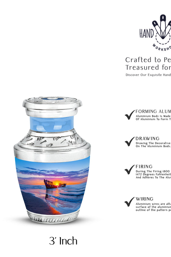 Sapphire Blue Beach Cremation Urn top-down view of secure threaded lid - artistic beach interpretation with creative detail - mini keepsake memorial for portion of cremation ashes