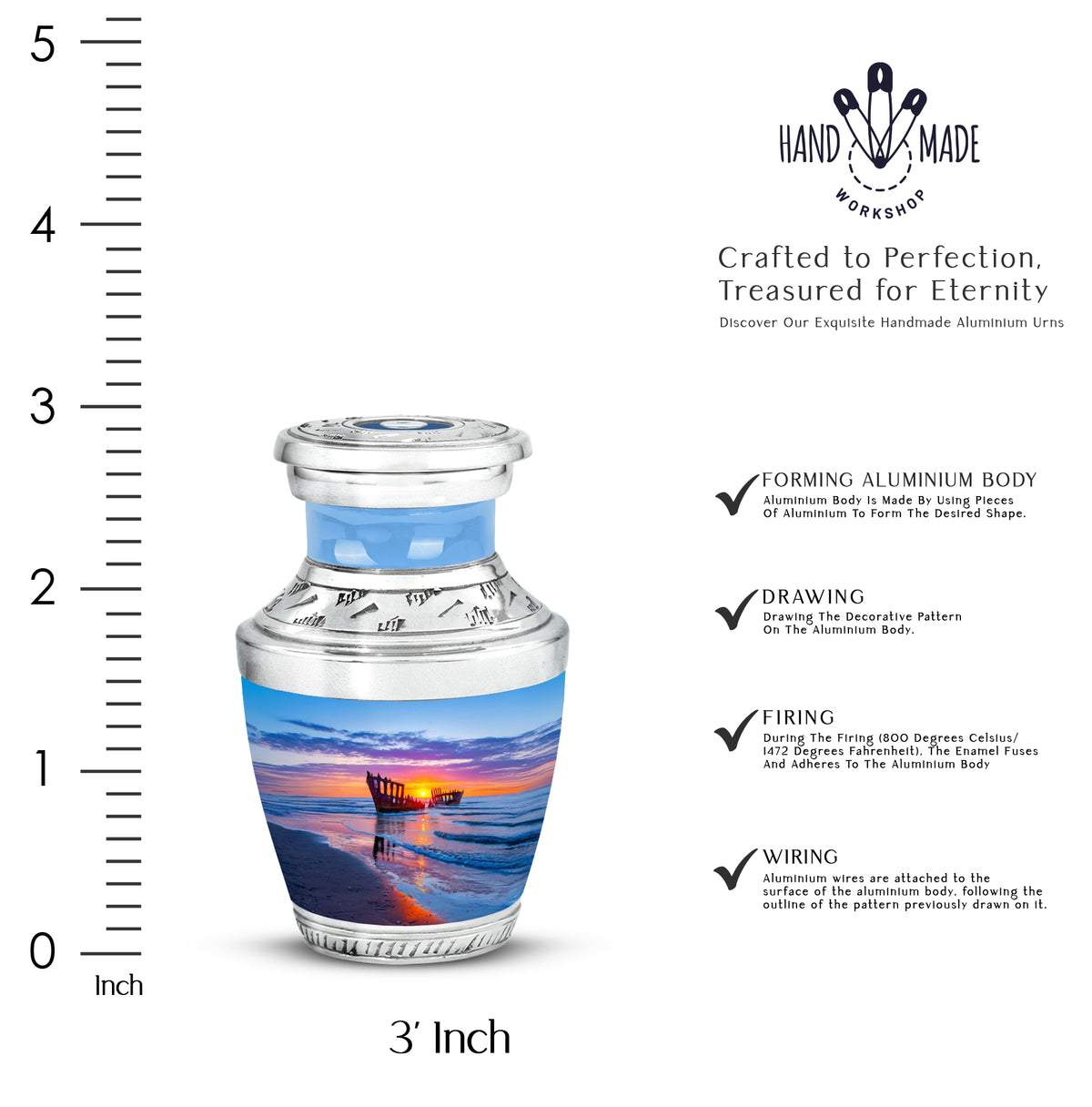 Sapphire Blue Beach Cremation Urn top-down view of secure threaded lid - artistic beach interpretation with creative detail - mini keepsake memorial for portion of cremation ashes