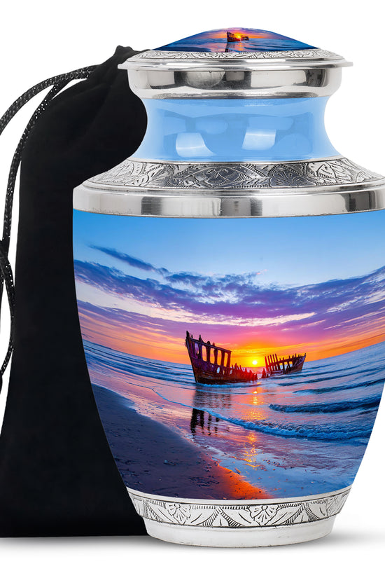 Azure Beach Cremation Urn side profile showing urn shape - modern art-inspired beach motif on sleek aluminum - full-size 10 inch 200 cubic inch adult cremation urn