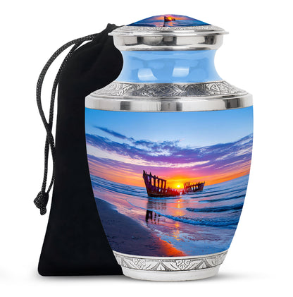 Azure Beach Cremation Urn side profile showing urn shape - modern art-inspired beach motif on sleek aluminum - full-size 10 inch 200 cubic inch adult cremation urn