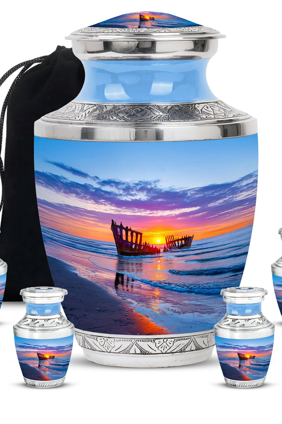 Twilight Blue Beach Cremation Urn lifestyle display on memorial shelf - artistic beach interpretation with creative detail - memorial set with one large and four small urns