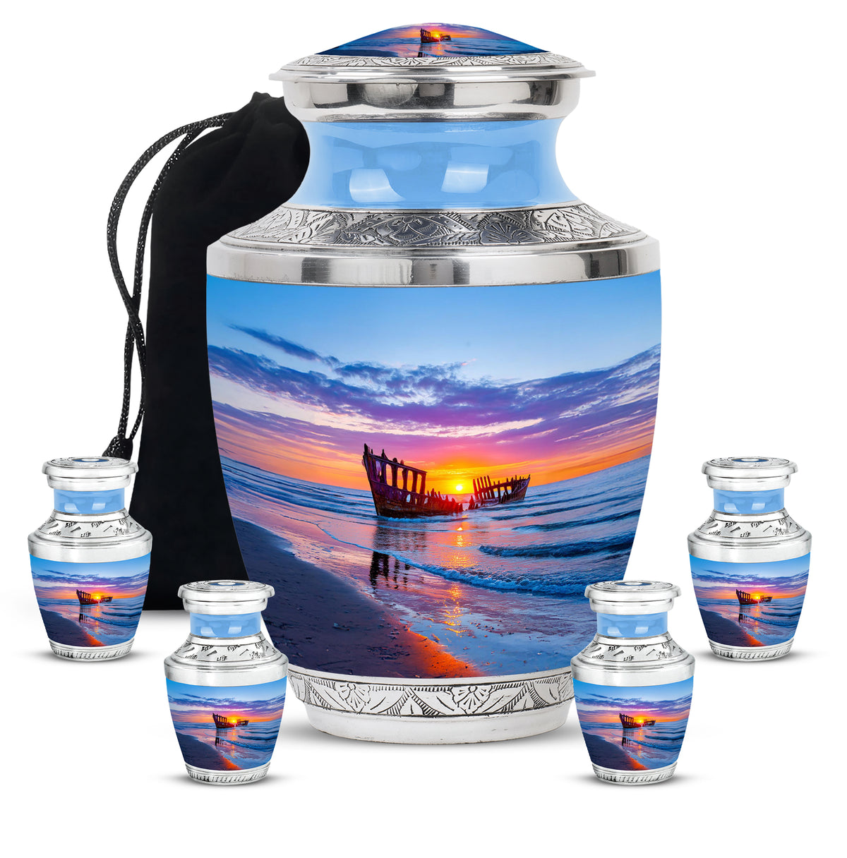 Twilight Blue Beach Cremation Urn lifestyle display on memorial shelf - artistic beach interpretation with creative detail - memorial set with one large and four small urns
