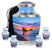 Twilight Blue Beach Cremation Urn lifestyle display on memorial shelf - artistic beach interpretation with creative detail - memorial set with one large and four small urns