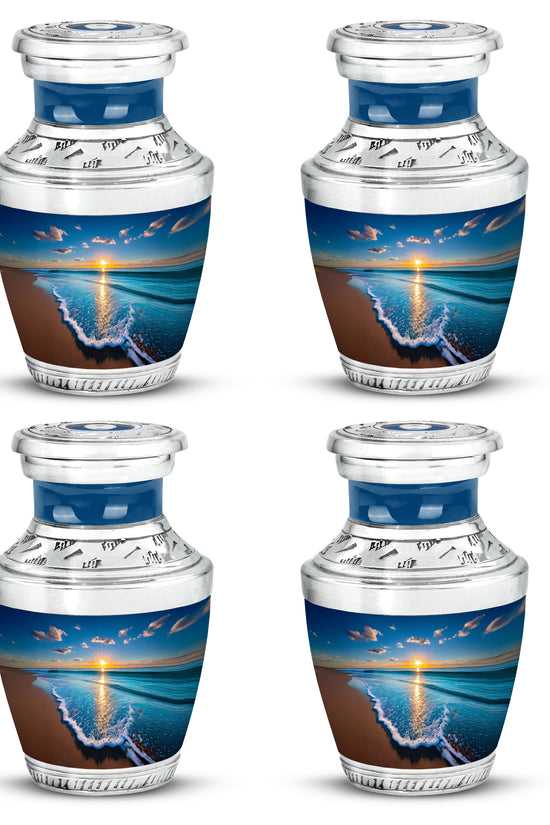 Vivid Blue Beach Cremation Urn back view with polished surface - stylized abstract beach pattern with bold lines - 10 inch aluminum urn for cremated remains