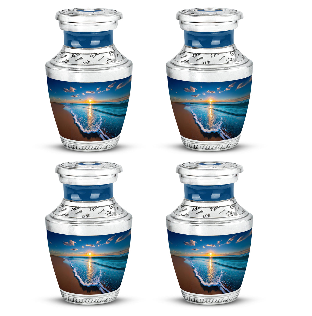 Vivid Blue Beach Cremation Urn back view with polished surface - stylized abstract beach pattern with bold lines - 10 inch aluminum urn for cremated remains