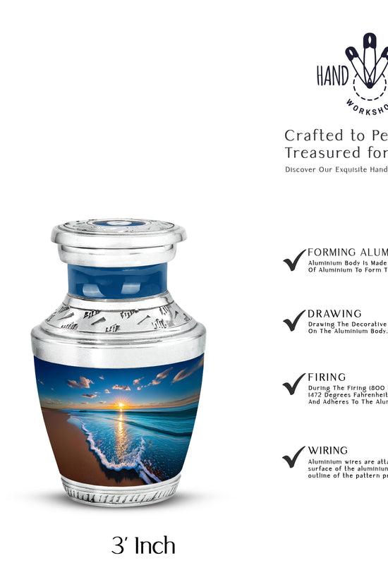 Azure Beach Cremation Urn top-down view of secure threaded lid - contemporary beach design with modern artistic flair - mini keepsake memorial for portion of cremation ashes