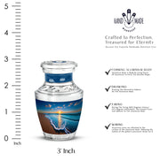 Azure Beach Cremation Urn top-down view of secure threaded lid - contemporary beach design with modern artistic flair - mini keepsake memorial for portion of cremation ashes