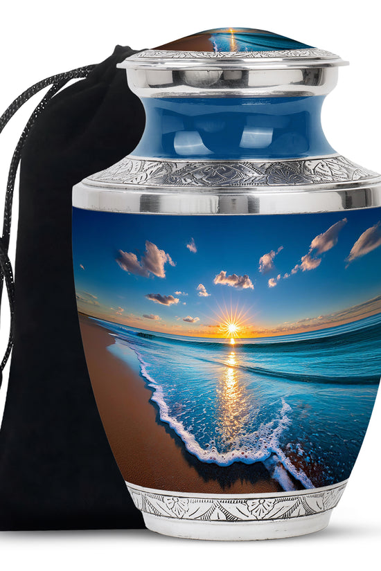 Sky Blue Beach Cremation Urn side profile showing urn shape - modern art-inspired beach motif on sleek aluminum - full-size 10 inch 200 cubic inch adult cremation urn