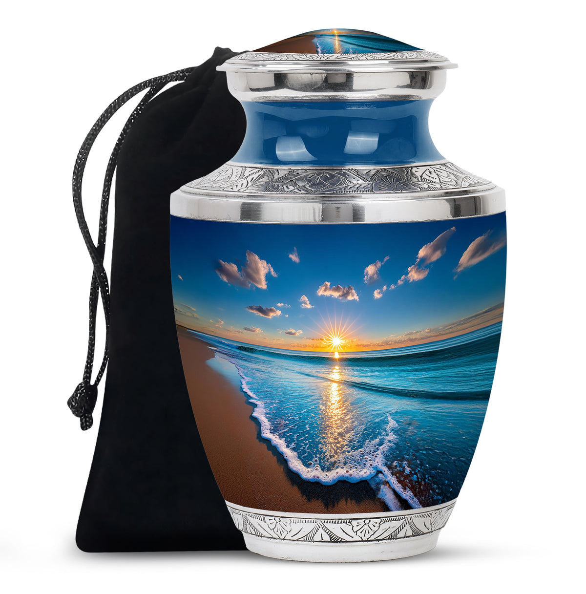 Sky Blue Beach Cremation Urn side profile showing urn shape - modern art-inspired beach motif on sleek aluminum - full-size 10 inch 200 cubic inch adult cremation urn