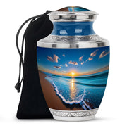 Sky Blue Beach Cremation Urn side profile showing urn shape - modern art-inspired beach motif on sleek aluminum - full-size 10 inch 200 cubic inch adult cremation urn