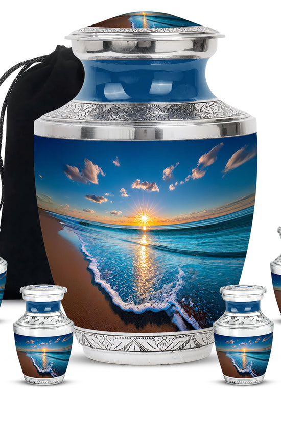 Sapphire Blue Beach Cremation Urn lifestyle display on memorial shelf - stylized abstract beach pattern with bold lines - memorial set with one large and four small urns