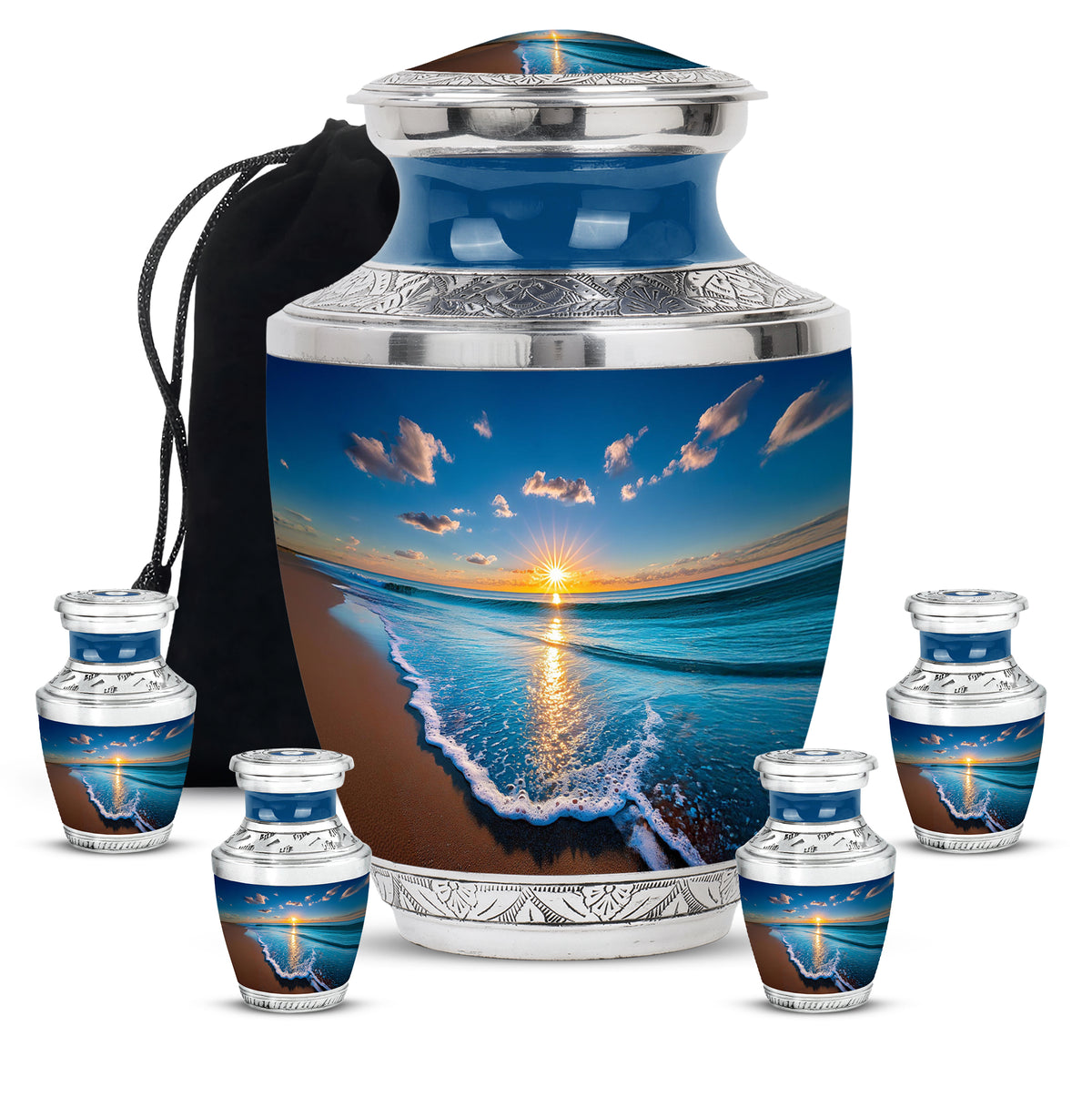 Sapphire Blue Beach Cremation Urn lifestyle display on memorial shelf - stylized abstract beach pattern with bold lines - memorial set with one large and four small urns