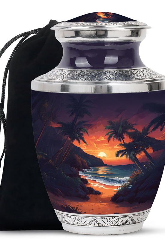 Beach Sunset Cremation Urn - Palm Tree Beach Funeral Urn For Loved Ones