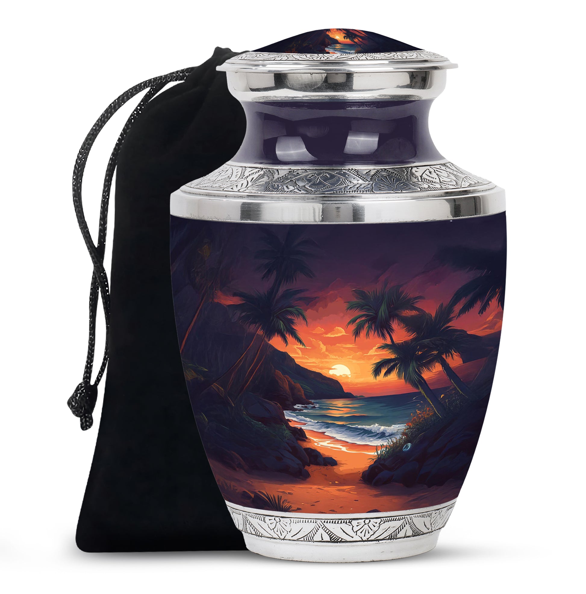 Beach Sunset Cremation Urn - Palm Tree Beach Funeral Urn For Loved Ones