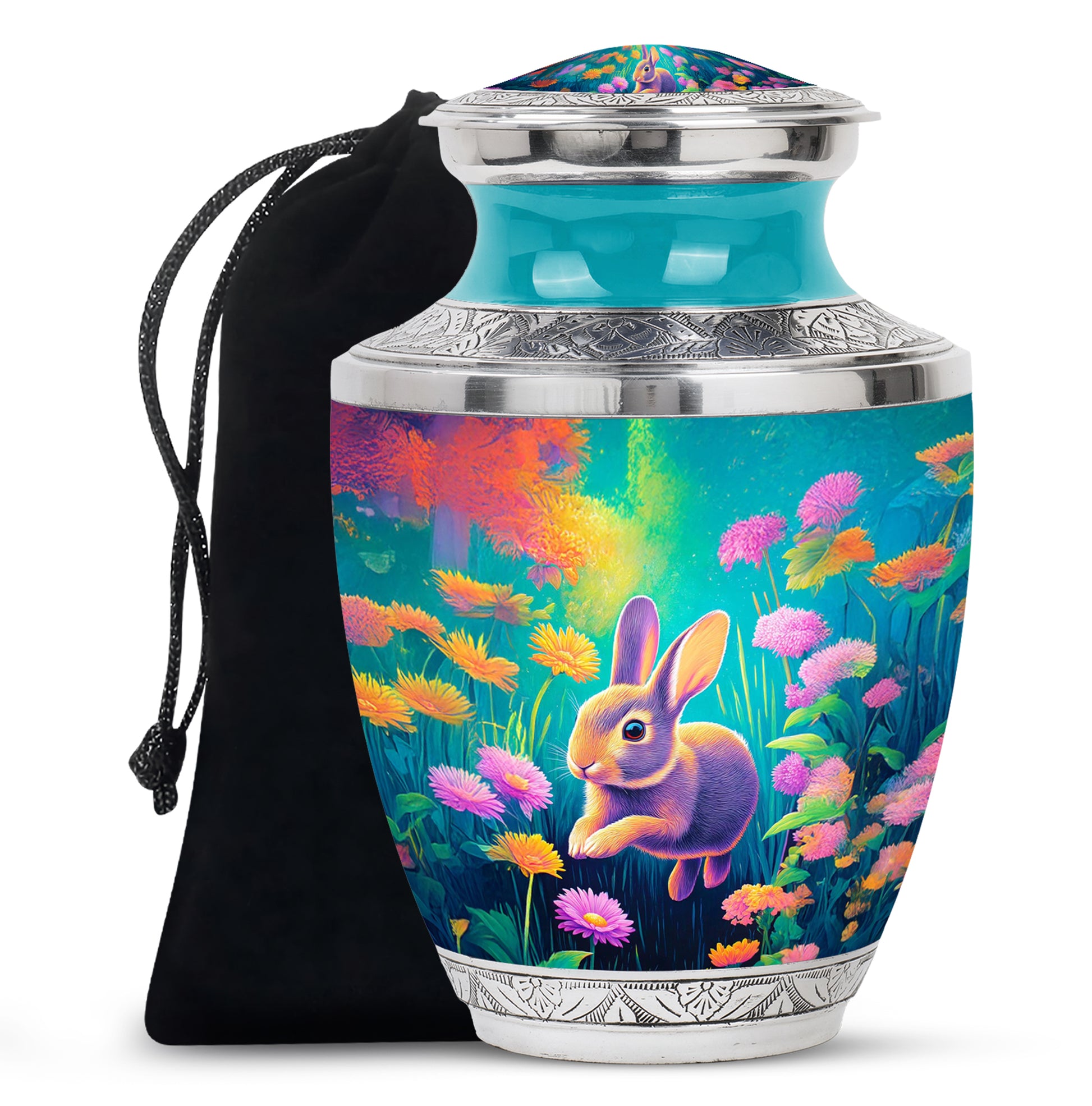 Cute Rabbit Funeral Urn - Floral Aluminium Cremation Urn For Ashes