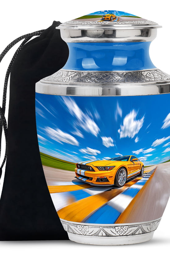 Yellow Sports Car Cremation Urn - Racing Track Memorial Urn For Adult Ashes