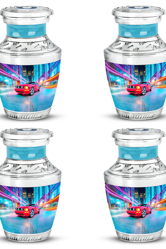 Vivid Blue Car Cremation Urn back view with polished surface - stylized abstract car pattern with bold lines - 10 inch aluminum urn for cremated remains