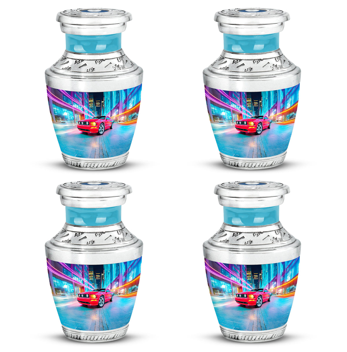 Vivid Blue Car Cremation Urn back view with polished surface - stylized abstract car pattern with bold lines - 10 inch aluminum urn for cremated remains