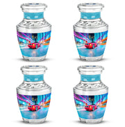 Vivid Blue Car Cremation Urn back view with polished surface - stylized abstract car pattern with bold lines - 10 inch aluminum urn for cremated remains