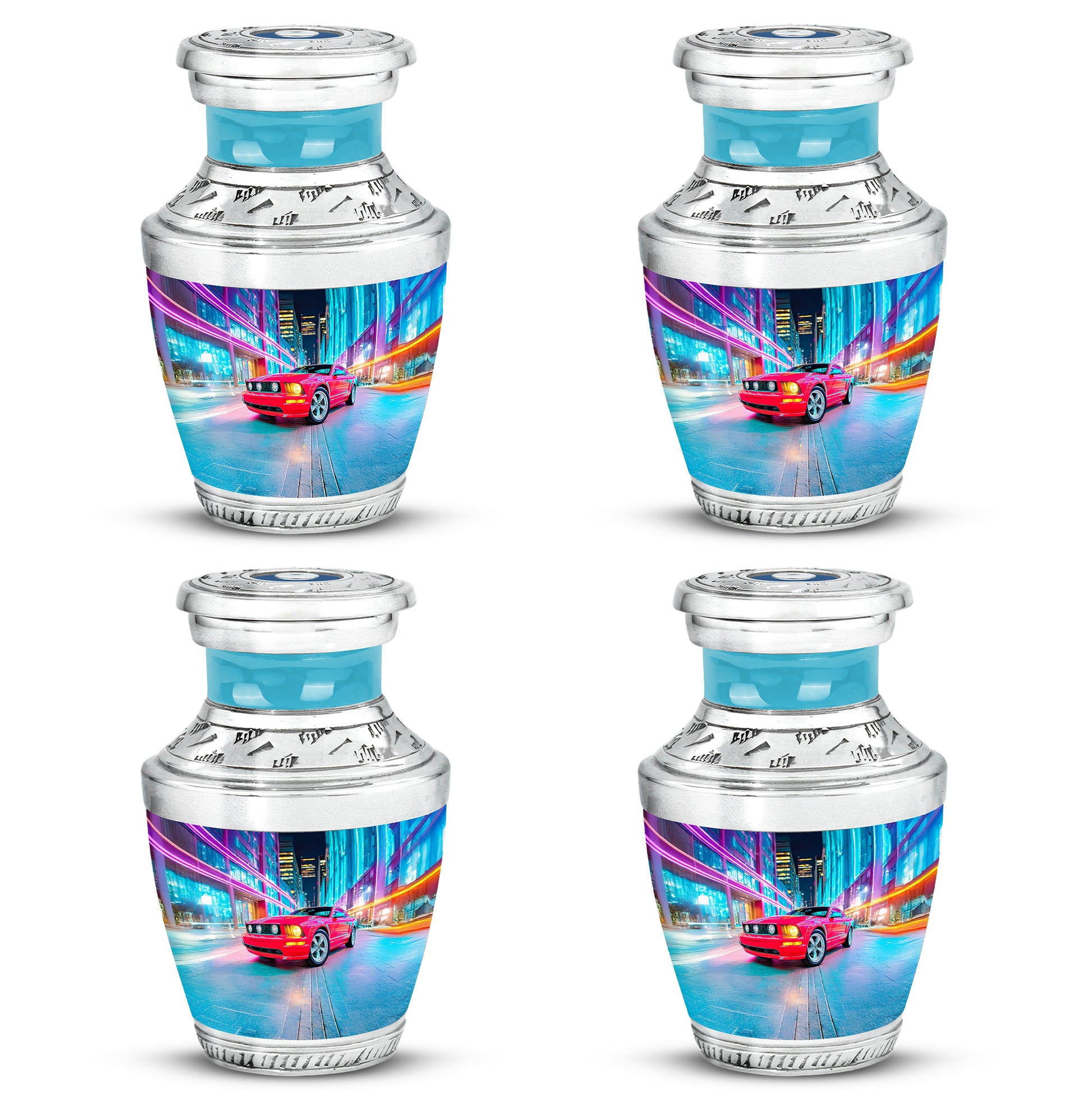 Vivid Blue Car Cremation Urn back view with polished surface - stylized abstract car pattern with bold lines - 10 inch aluminum urn for cremated remains