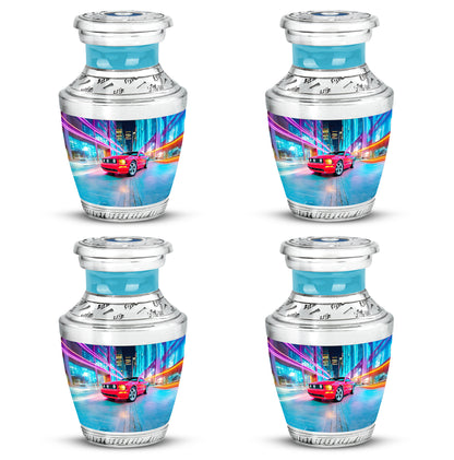 Vivid Blue Car Cremation Urn back view with polished surface - stylized abstract car pattern with bold lines - 10 inch aluminum urn for cremated remains