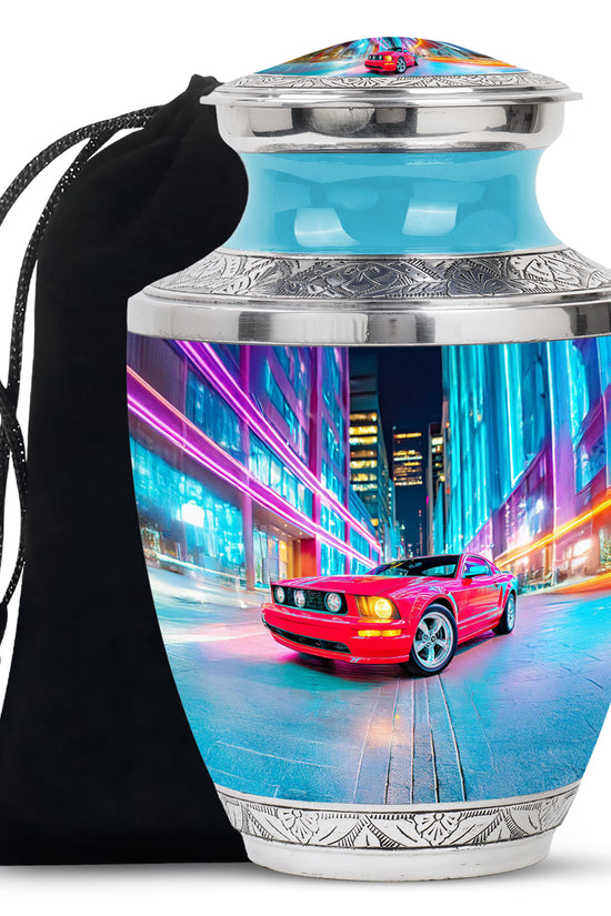Vivid Blue Car Cremation Urn side profile showing urn shape - stylized abstract car pattern with bold lines - full-size 10 inch 200 cubic inch adult cremation urn