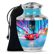 Vivid Blue Car Cremation Urn side profile showing urn shape - stylized abstract car pattern with bold lines - full-size 10 inch 200 cubic inch adult cremation urn