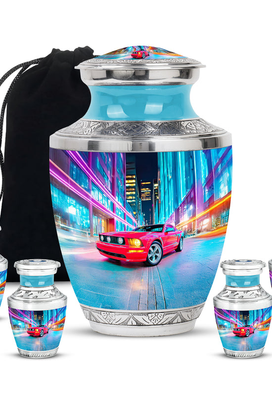 Pastel Blue Car Cremation Urn lifestyle display on memorial shelf - contemporary car design with modern artistic flair - memorial set with one large and four small urns