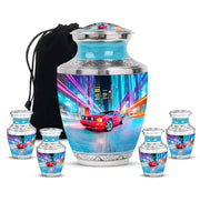 Pastel Blue Car Cremation Urn lifestyle display on memorial shelf - contemporary car design with modern artistic flair - memorial set with one large and four small urns