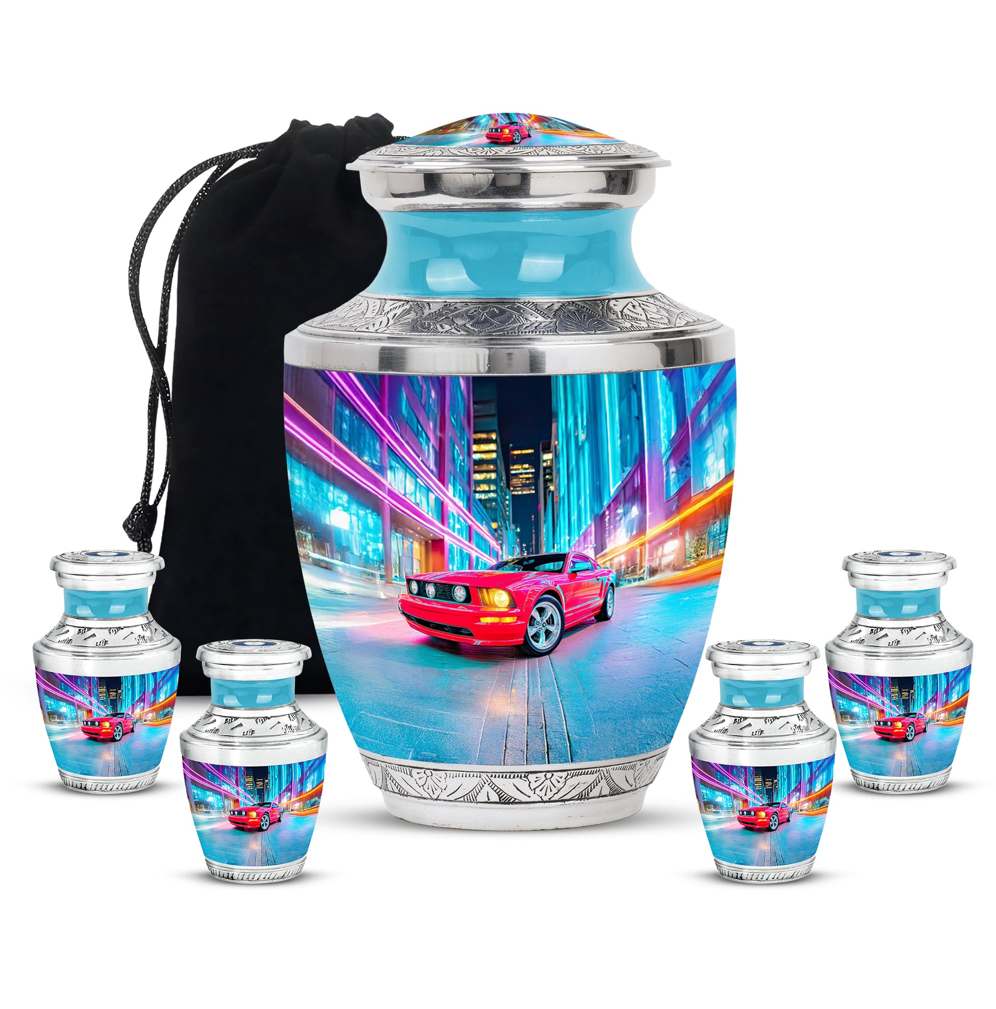 Pastel Blue Car Cremation Urn lifestyle display on memorial shelf - contemporary car design with modern artistic flair - memorial set with one large and four small urns